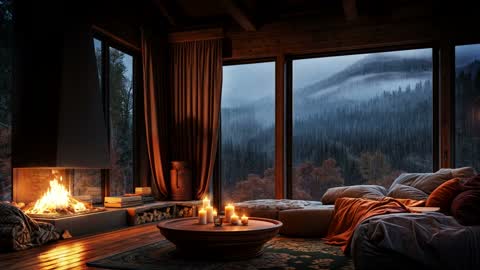 Fireplace with a mountain view
