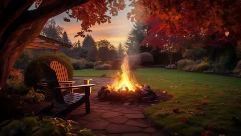 Backyard fire pit at sunset