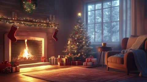 Fireplace decorated for Christmas with snow outside