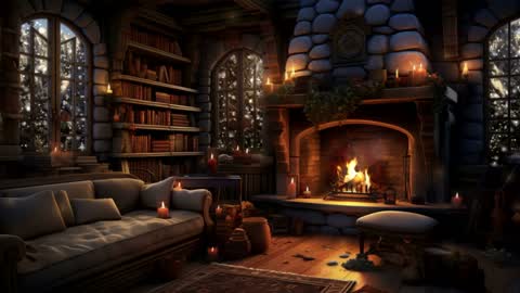 Book-lined study with a fireplace in winter